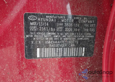 2014 Hyundai Elantra Sport z USA, uszkodzony, nr VIN KMHDH4AH7EU160779